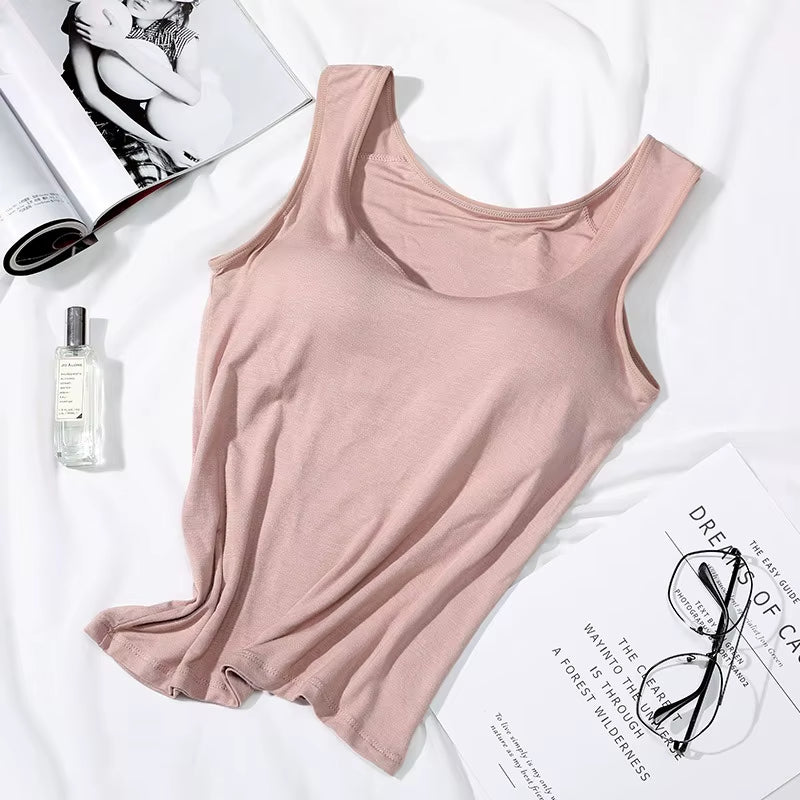 2023 Women's Slim Fit Built-in Bra Vest Tops - Stylish Solid Color Padded Casual Tank Shirts