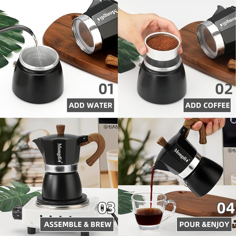 Mongdio Moka Pot Espresso Maker - 6 Cup Cuban Coffee Brewer, Italian Percolator, 10 Oz - Sleek Black Design