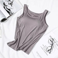 2023 Women's Slim Fit Built-in Bra Vest Tops - Stylish Solid Color Padded Casual Tank Shirts