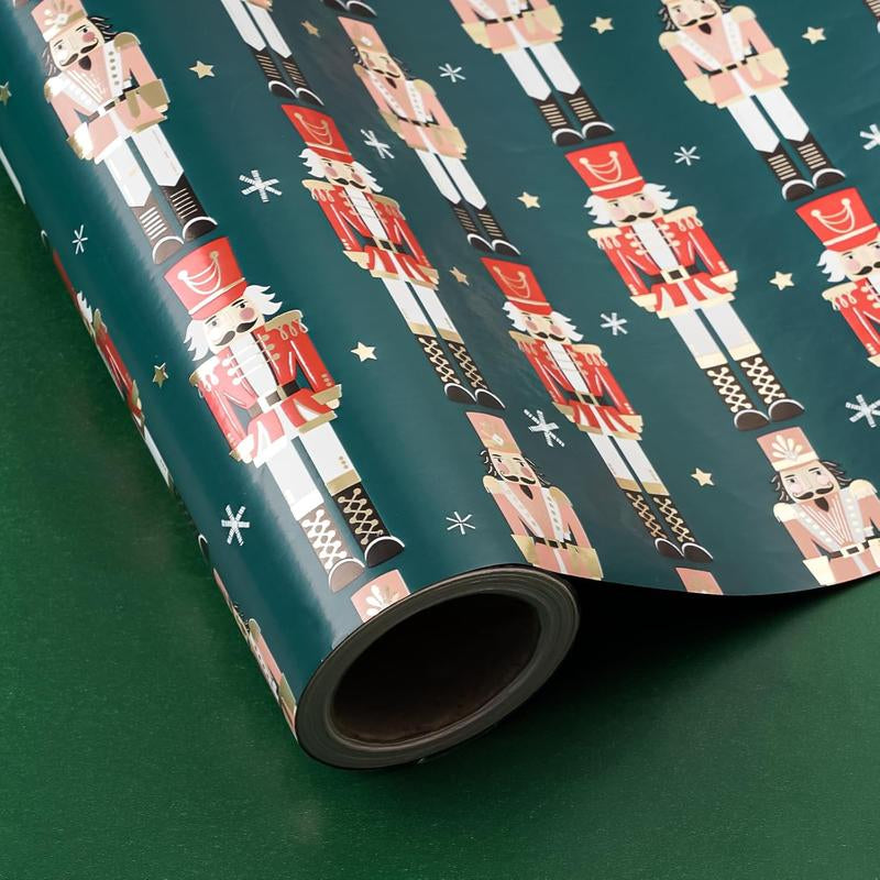 Reversible Nutcracker Christmas Wrapping Paper - 17" x 33' Foil Green Mini Roll for Holiday Celebrations and Parties