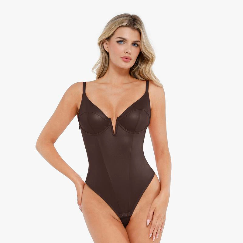 Elevate Your Silhouette: Popilush Faux Leather Lace Trim Corset Bodysuit with Tummy Control