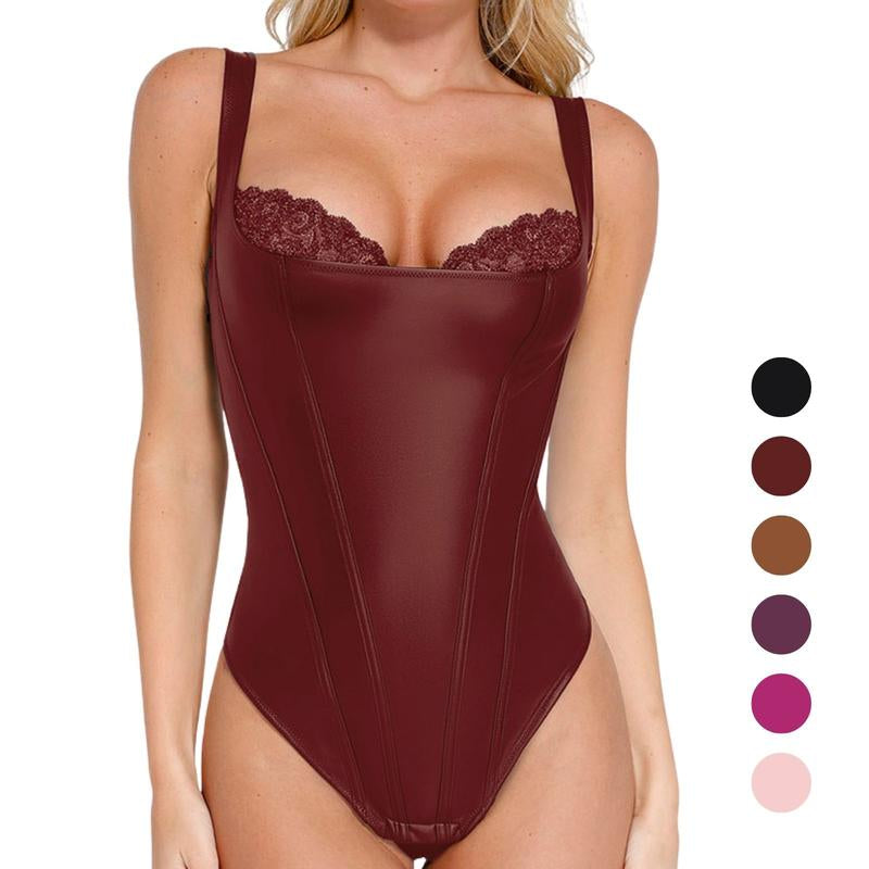 Elevate Your Silhouette: Popilush Faux Leather Lace Trim Corset Bodysuit with Tummy Control