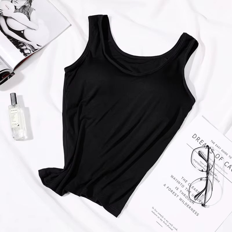 2023 Women's Slim Fit Built-in Bra Vest Tops - Stylish Solid Color Padded Casual Tank Shirts