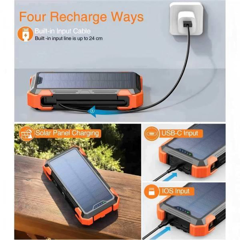 29800mAh Solar Power Bank - 7 Outputs, 15W Fast Charging, Dual Flashlights, Carabiner & Thermometer - Ultimate Portable Charger for All Mobile Devices - Perfect for Outdoor Adventures!