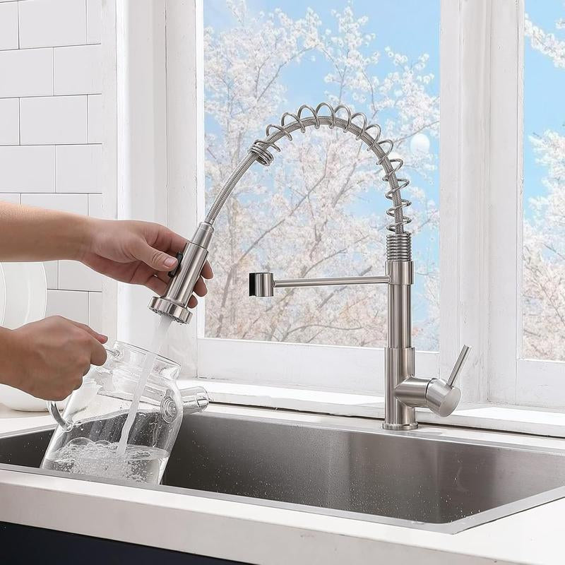Brushed Nickel Kitchen Faucet with Pull-Down Sprayer - Modern Stainless Steel Single Handle for Farmhouse, RV, and Outdoor Use