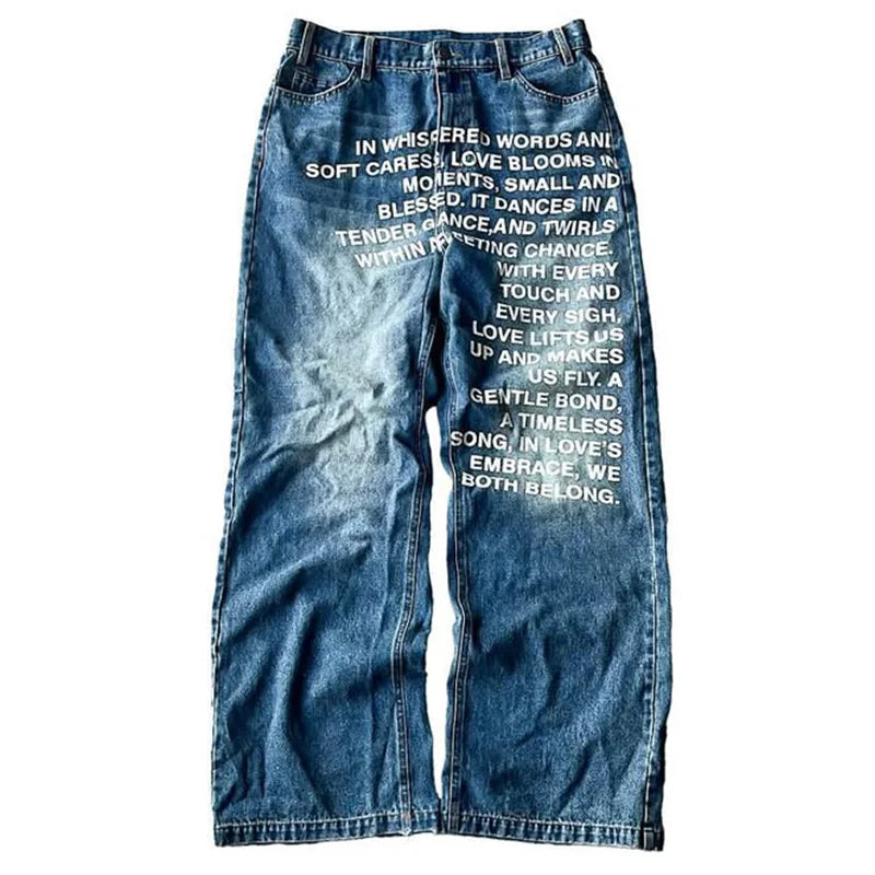 Trendy Y2K Vintage American Pattern Wide Leg Jeans - Casual Streetwear for Men & Women