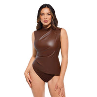 Elevate Your Silhouette: Popilush Faux Leather Lace Trim Corset Bodysuit with Tummy Control
