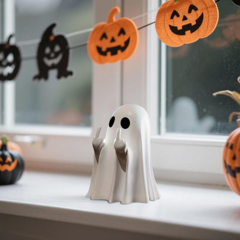 Spooky Middle Finger Ghost Figurine - Cute & Edgy Halloween Decor for Indoor & Outdoor Fun!
