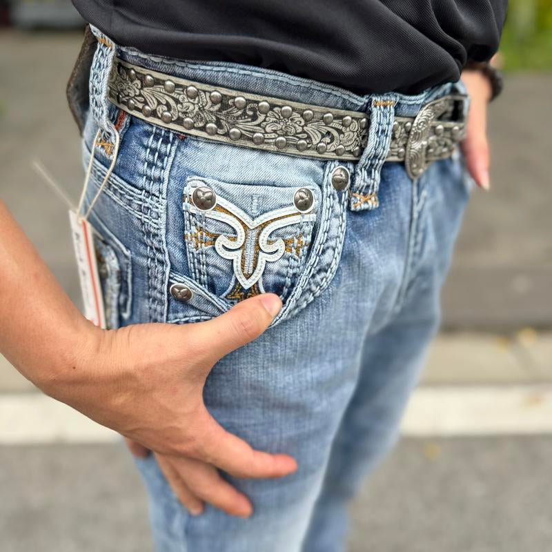 Y2K Retro Cowboy Bootcut Jeans for Men - Light Wash Distressed Denim with Gold Fleur-De-Lis Embroidery - Vaquero Rodeo Style