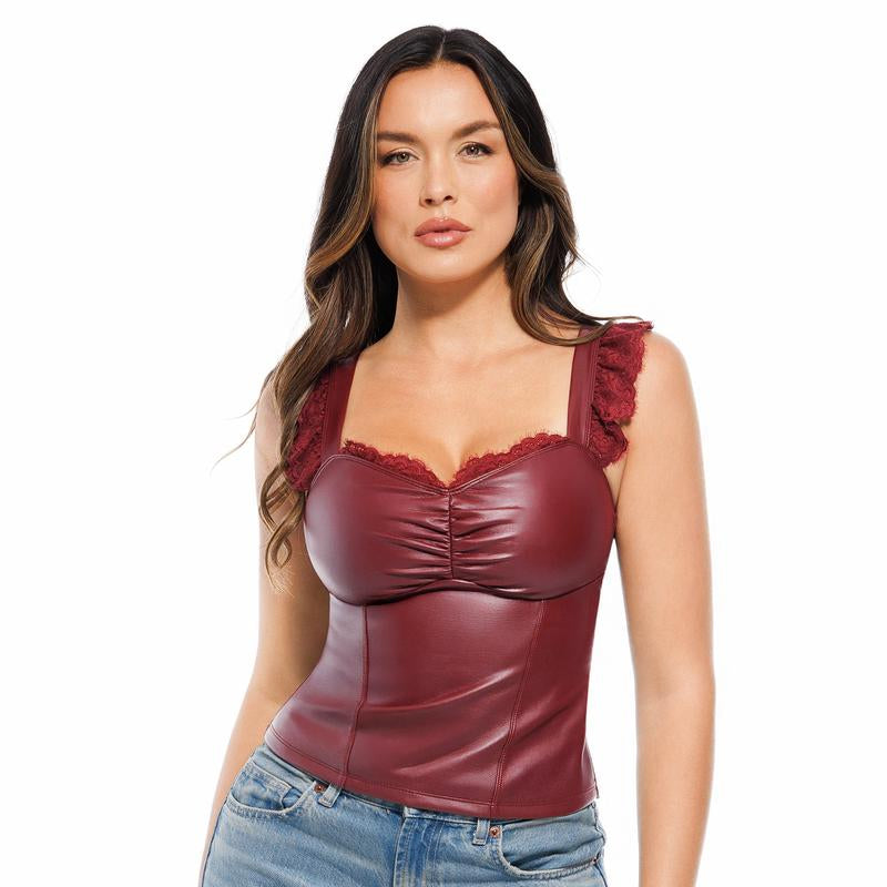 Elevate Your Silhouette: Popilush Faux Leather Lace Trim Corset Bodysuit with Tummy Control