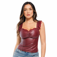 Elevate Your Silhouette: Popilush Faux Leather Lace Trim Corset Bodysuit with Tummy Control