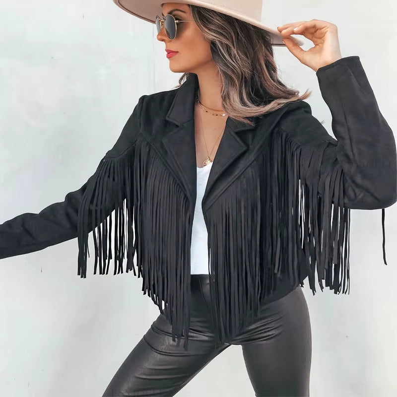 Y2K Fringed Hem Suede Leather Biker Jacket - Trendy Tassel Cardigan for Fall & Spring