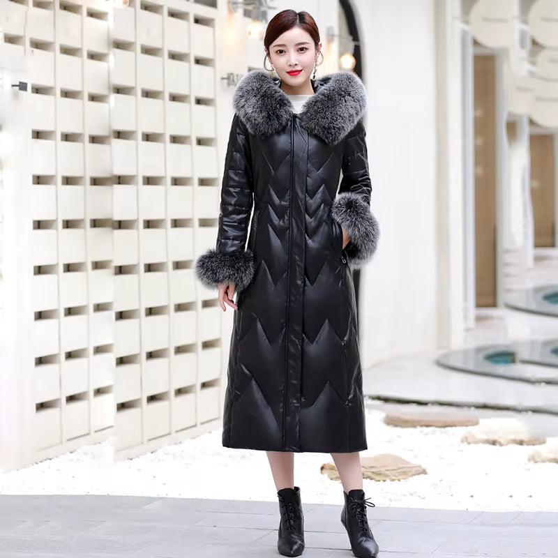 Luxurious Genuine Leather Winter Coat with Real Fox Fur Collar – Stylish Sheepskin Down Jacket for Women