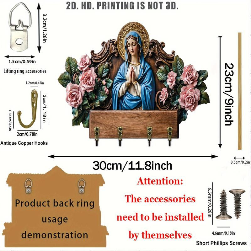 Elegant Virgin Mary Wooden Key Holder - 2D Flat Wall Decor with 4 Metal Hooks (11.8x9 inches) for All-Season Home & Villa Decoration