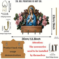 Elegant Virgin Mary Wooden Key Holder - 2D Flat Wall Decor with 4 Metal Hooks (11.8x9 inches) for All-Season Home & Villa Decoration