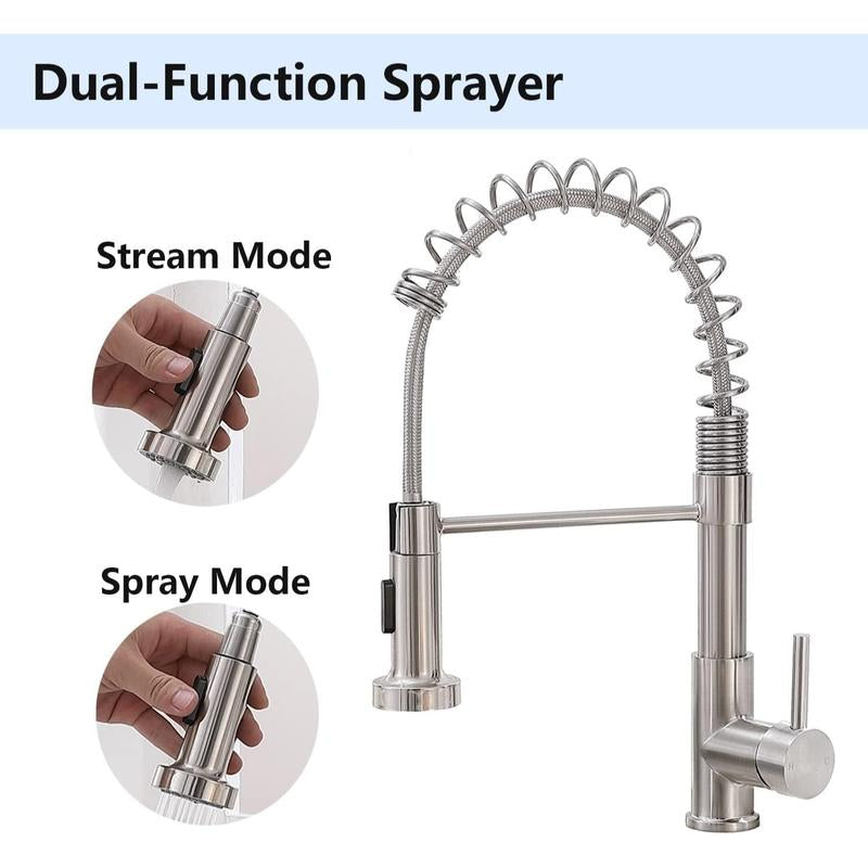 Brushed Nickel Kitchen Faucet with Pull-Down Sprayer - Modern Stainless Steel Single Handle for Farmhouse, RV, and Outdoor Use