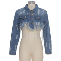 Trendy Ripped Denim Jacket with Tassels - Sexy Casual Coat for Women