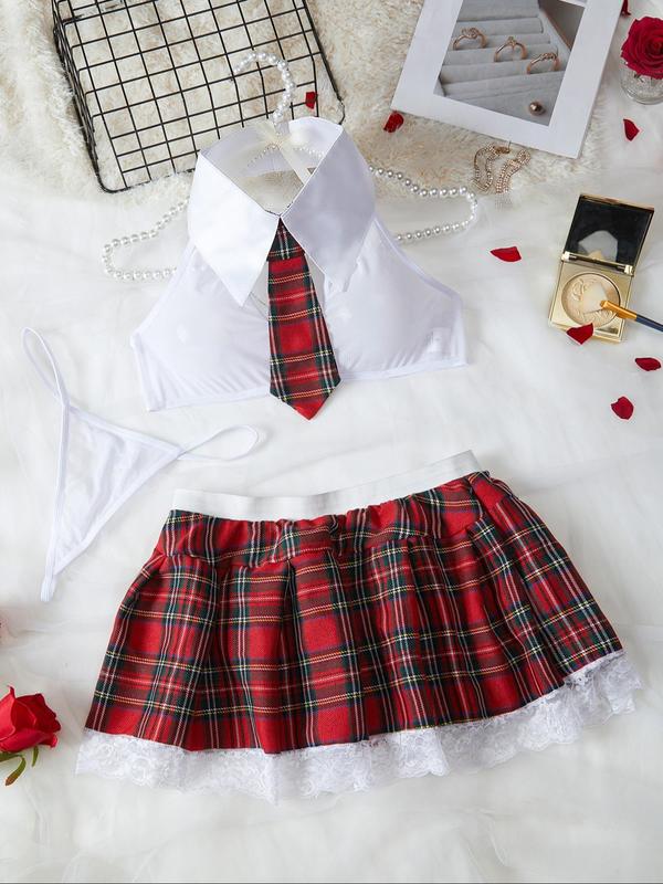 Seductive Sheer Lace Plaid School Girl Lingerie Set with Halter Crop Top, Thong & Contrast Lace Skirt - Breathable Elegance for Women