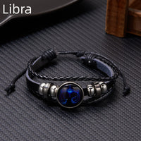 Luminous Zodiac Leather Bracelet – 12 Constellations | Adjustable Vintage Wrap for Men & Women