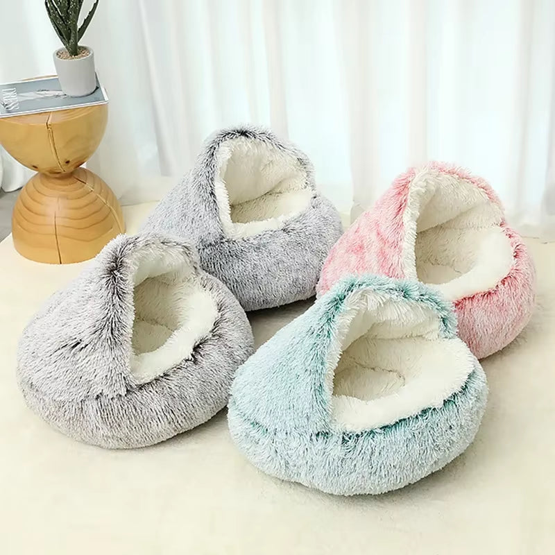 Cozy 2-in-1 Winter Plush Cat Bed & Sleep Bag – Round Cat House for Cats and Small Dogs