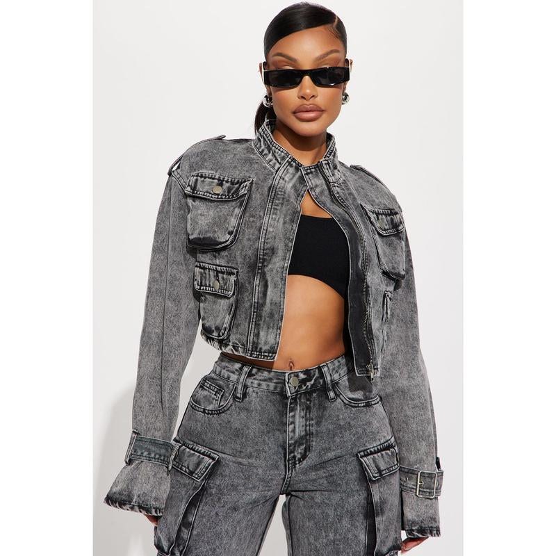 Chic Billie Acid Wash Black Cropped Cargo Jacket