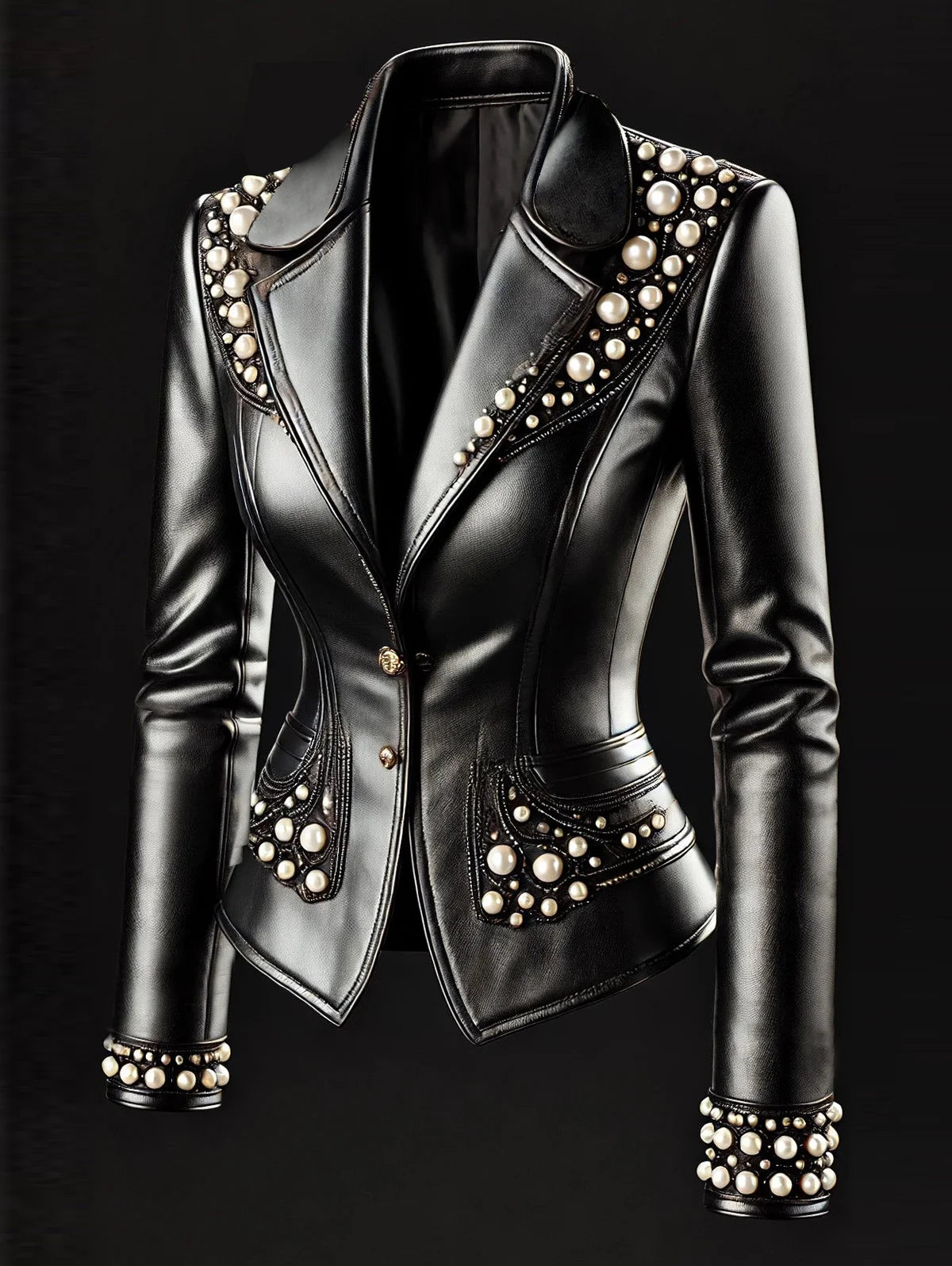 Chic PU Leather Jacket 2025 - Women's Autumn/Winter Solid Color Coat with Lapel Collar and Pearl Accents
