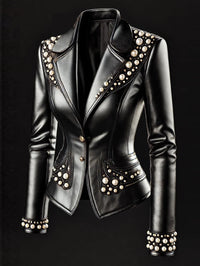 Chic PU Leather Jacket 2025 - Women's Autumn/Winter Solid Color Coat with Lapel Collar and Pearl Accents
