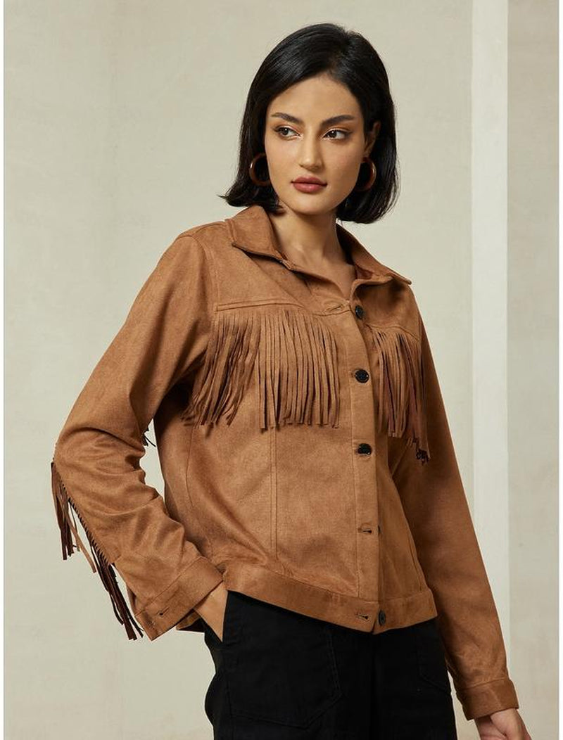 Chic ADOR Women's Suede Fringe Hem Crew Neck Jacket - Elevate Your Outerwear Collection!
