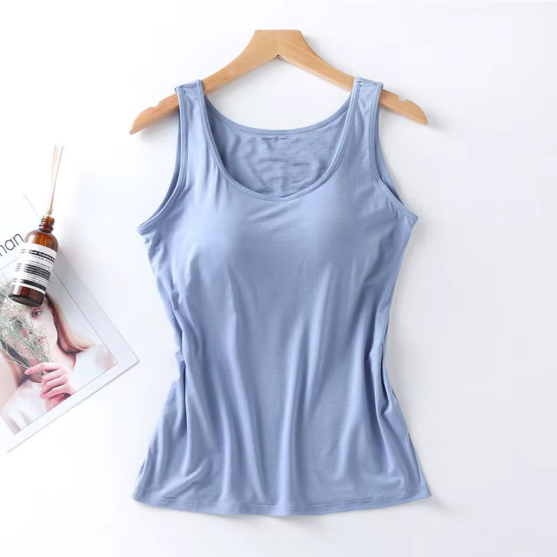 2023 Women's Slim Fit Built-in Bra Vest Tops - Stylish Solid Color Padded Casual Tank Shirts