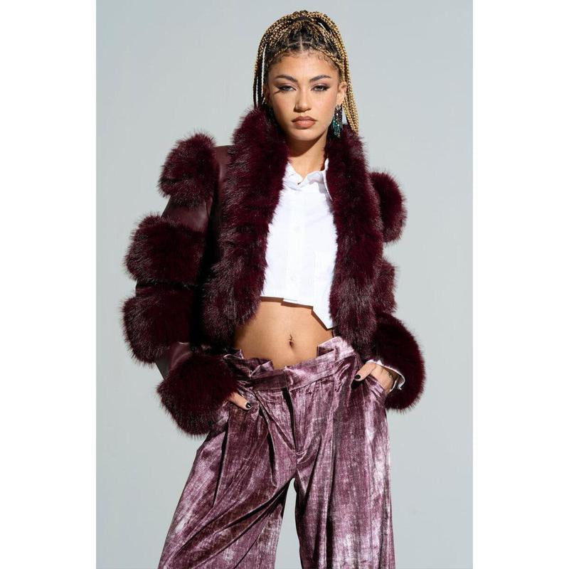 Chic Burgundy Faux Fur Moto Jacket by LOVERBOY