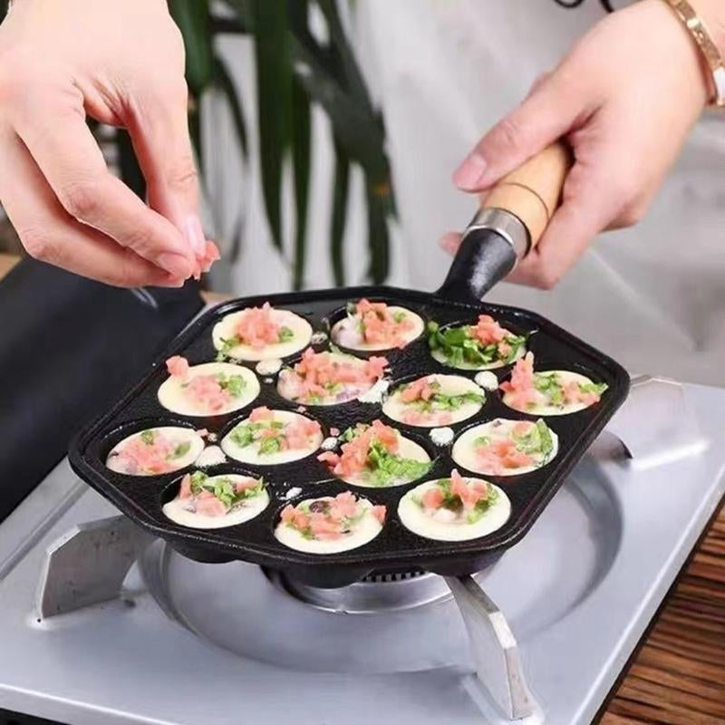 Takoyaki Master 14-Hole Cast Iron Non-Stick Maker with Handle – Versatile Bakeware for Perfect Meatballs & Pancakes at Home