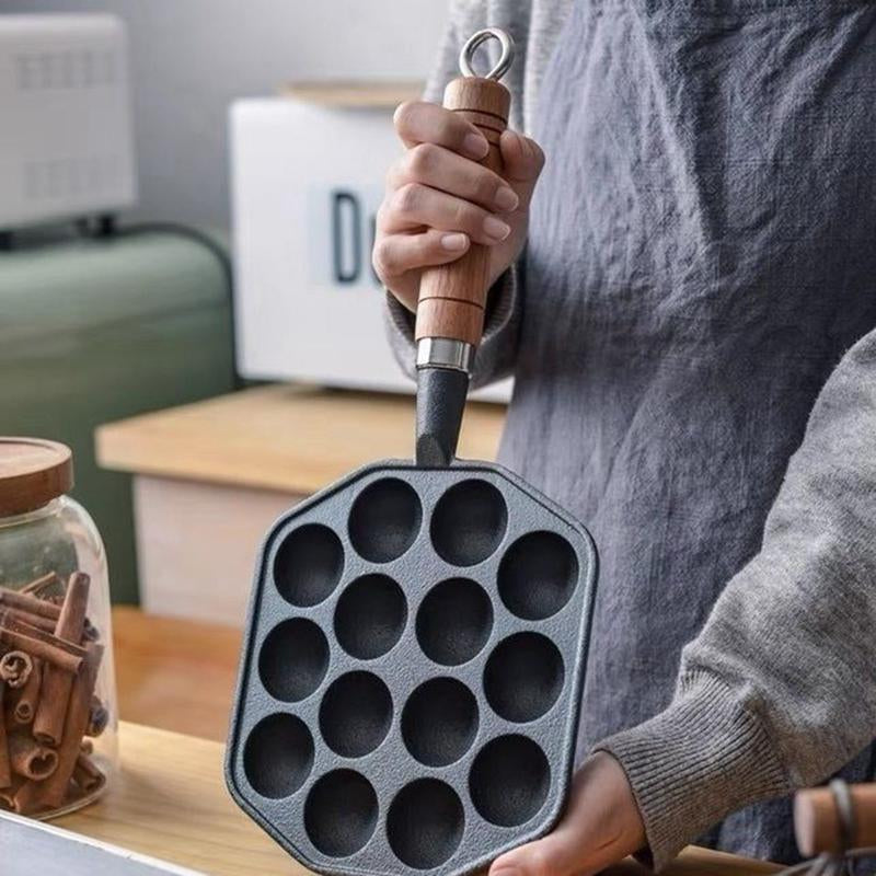 Takoyaki Master 14-Hole Cast Iron Non-Stick Maker with Handle – Versatile Bakeware for Perfect Meatballs & Pancakes at Home