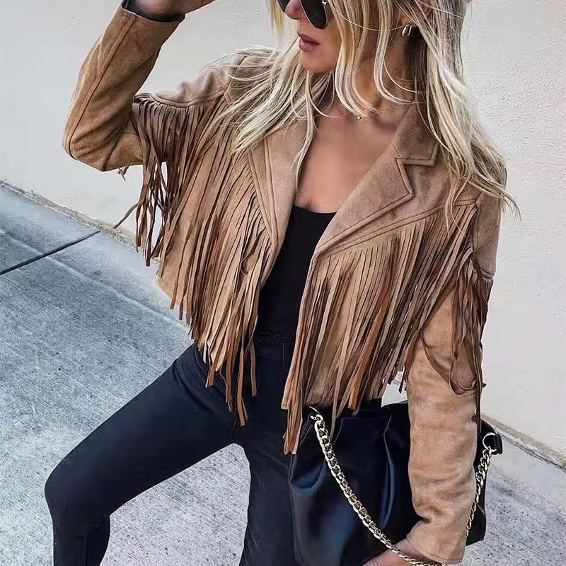 Y2K Fringed Hem Suede Leather Biker Jacket - Trendy Tassel Cardigan for Fall & Spring