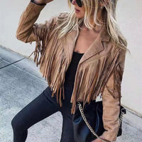 Y2K Fringed Hem Suede Leather Biker Jacket - Trendy Tassel Cardigan for Fall & Spring