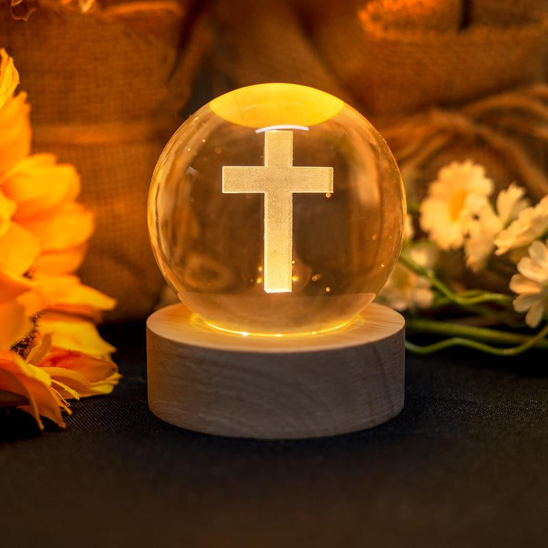 Luminous Crystal Ball Cross Statue on Elegant Wooden Base - Exquisite Religious Home Decor Gift Ornaments