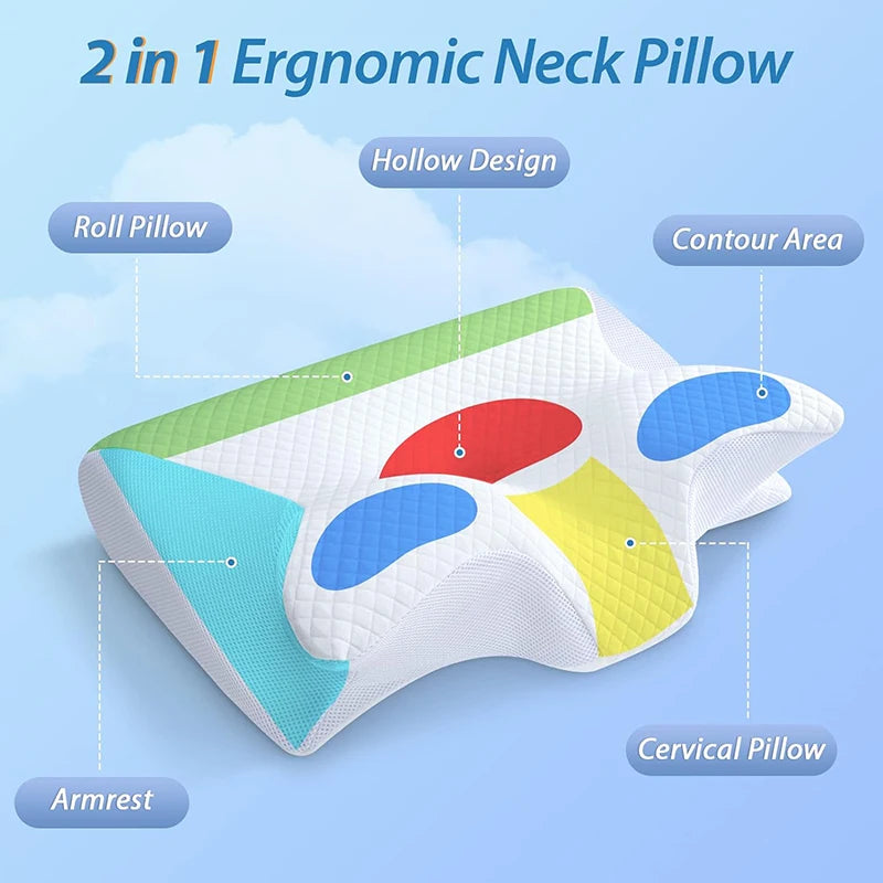 Ergonomic 2-in-1 Memory Foam Contour Pillow for Neck Pain Relief - Orthopedic Support Pillow