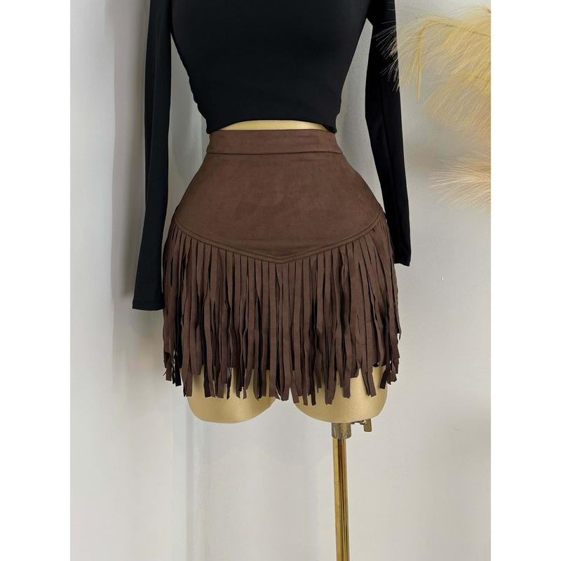 Boho-Chic Cowgirl Fringe Suede Skirt - Elevate Your Western Style!