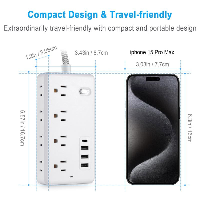 Ultimate Surge Protector Power Strip with 8 AC Outlets & 4 USB Chargers - 5Ft Braided Extension Cord for Home & Office Essentials