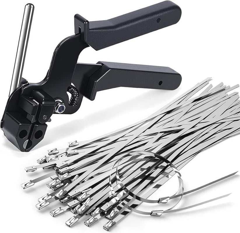 Heavy-Duty Metal Zip Ties with Stainless Steel Tie Gun - 100 Pack, 11.8 Inch UV Resistant Fastening Tool for Fences and Outdoor Use