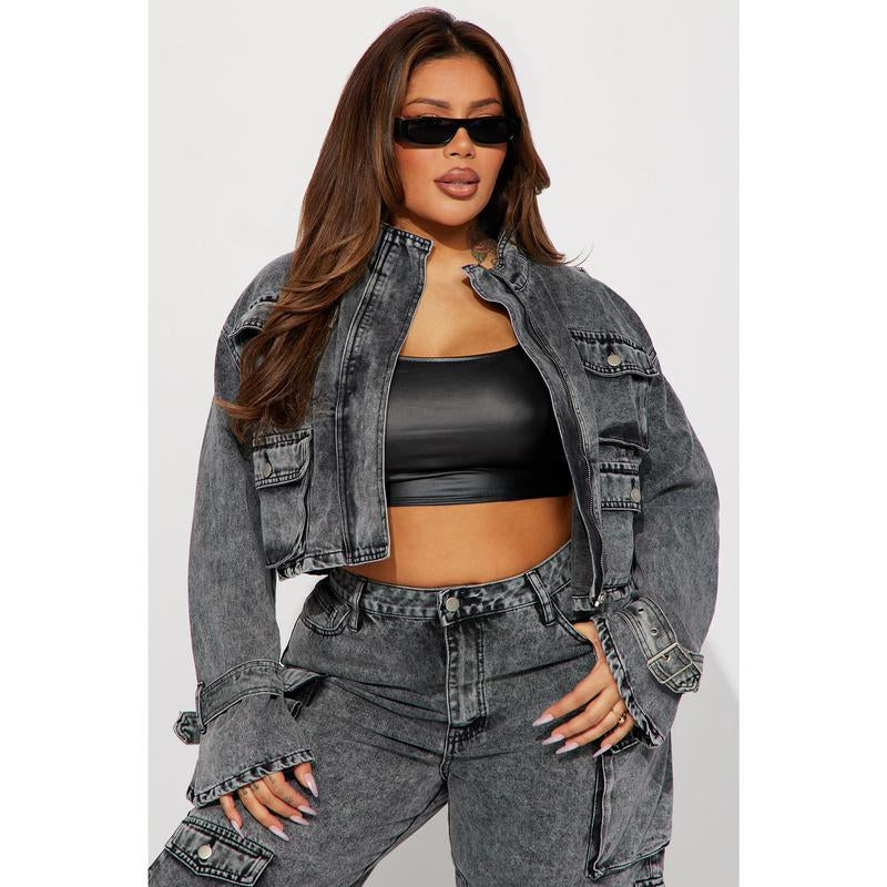 Chic Billie Acid Wash Black Cropped Cargo Jacket