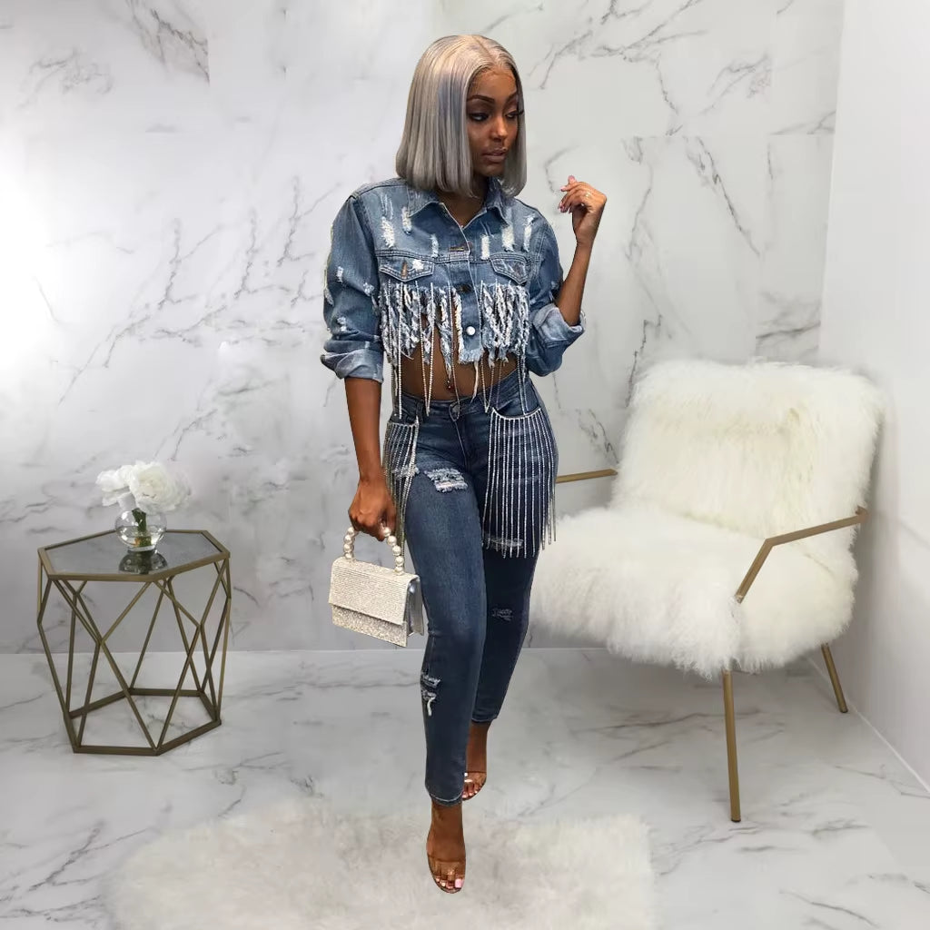 Trendy Ripped Denim Jacket with Tassels - Sexy Casual Coat for Women
