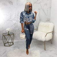 Trendy Ripped Denim Jacket with Tassels - Sexy Casual Coat for Women