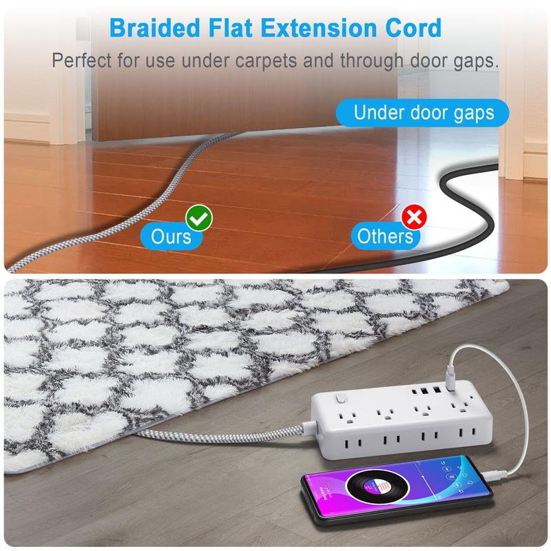 Ultimate Surge Protector Power Strip with 8 AC Outlets & 4 USB Chargers - 5Ft Braided Extension Cord for Home & Office Essentials