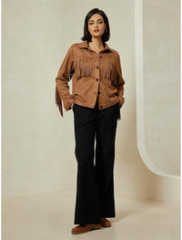 Chic ADOR Women's Suede Fringe Hem Crew Neck Jacket - Elevate Your Outerwear Collection!