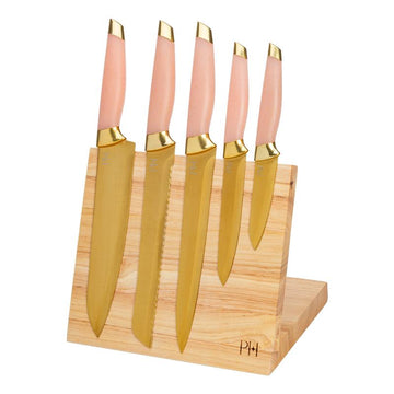 Paris Hilton 6-Piece Knife Block Set - Elegant Pink & Gold with Magnetic Wooden Block and High Carbon Stainless Steel Blades