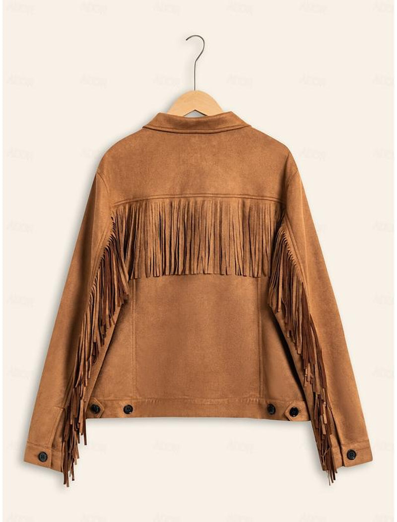 Chic ADOR Women's Suede Fringe Hem Crew Neck Jacket - Elevate Your Outerwear Collection!