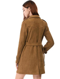 Chic Faux Suede Double Breasted Trench Coat with Belt in Stylish Brown