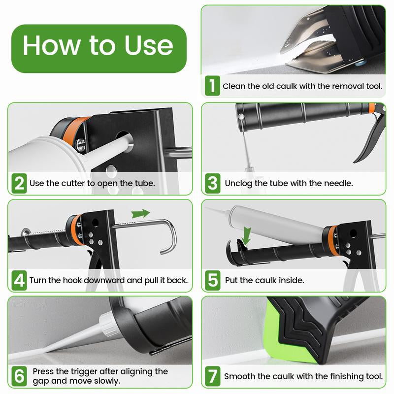 Ultimate 5-in-1 Professional Caulk Gun Kit – Includes Caulk Remover, Putty Knife, and Essential Tools for Perfect Caulking in Bathrooms and Showers