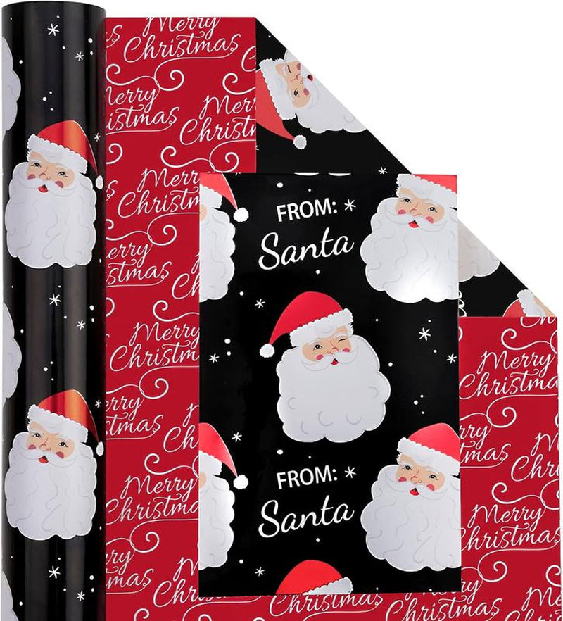 Reversible Vintage Christmas Wrapping Paper - Black Santa & Red Merry Christmas - 17" x 33' Mini Roll with Metallic Foil Shine - Perfect for Holidays & Parties