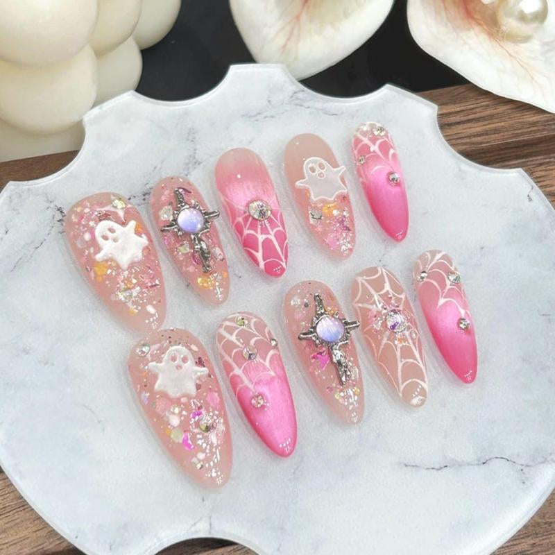 Adorable Spooky Halloween Press-On Nails - Ghost & Pink Ombre Spider Web Design with Glitter Rhinestones, Perfect for Parties & Kawaii Looks!